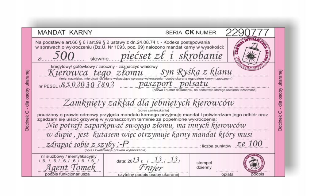 Naklejka Karny MANDAT za parkowanie Samoprzylepny DUŻY Ku*as kierowcy x50