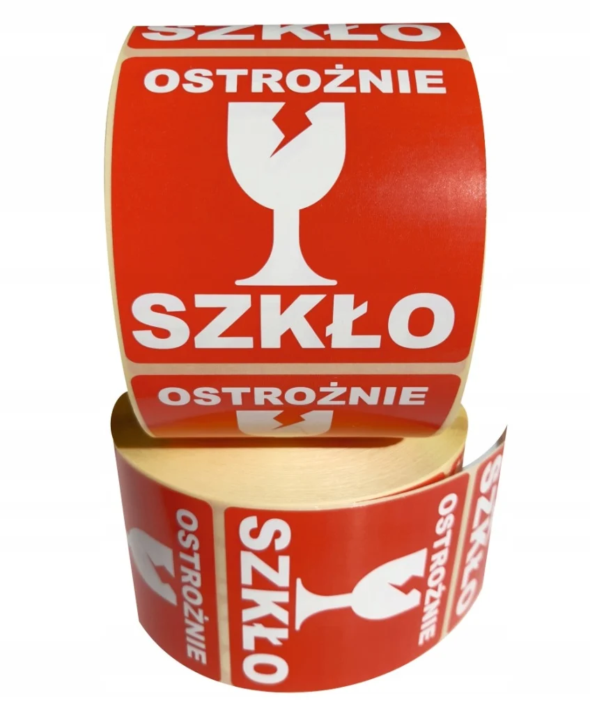 OSTROŻNIE SZKŁO NIE RZUCAĆ etykiety naklejki DUŻE kurier paczki palet 1000 sztuk